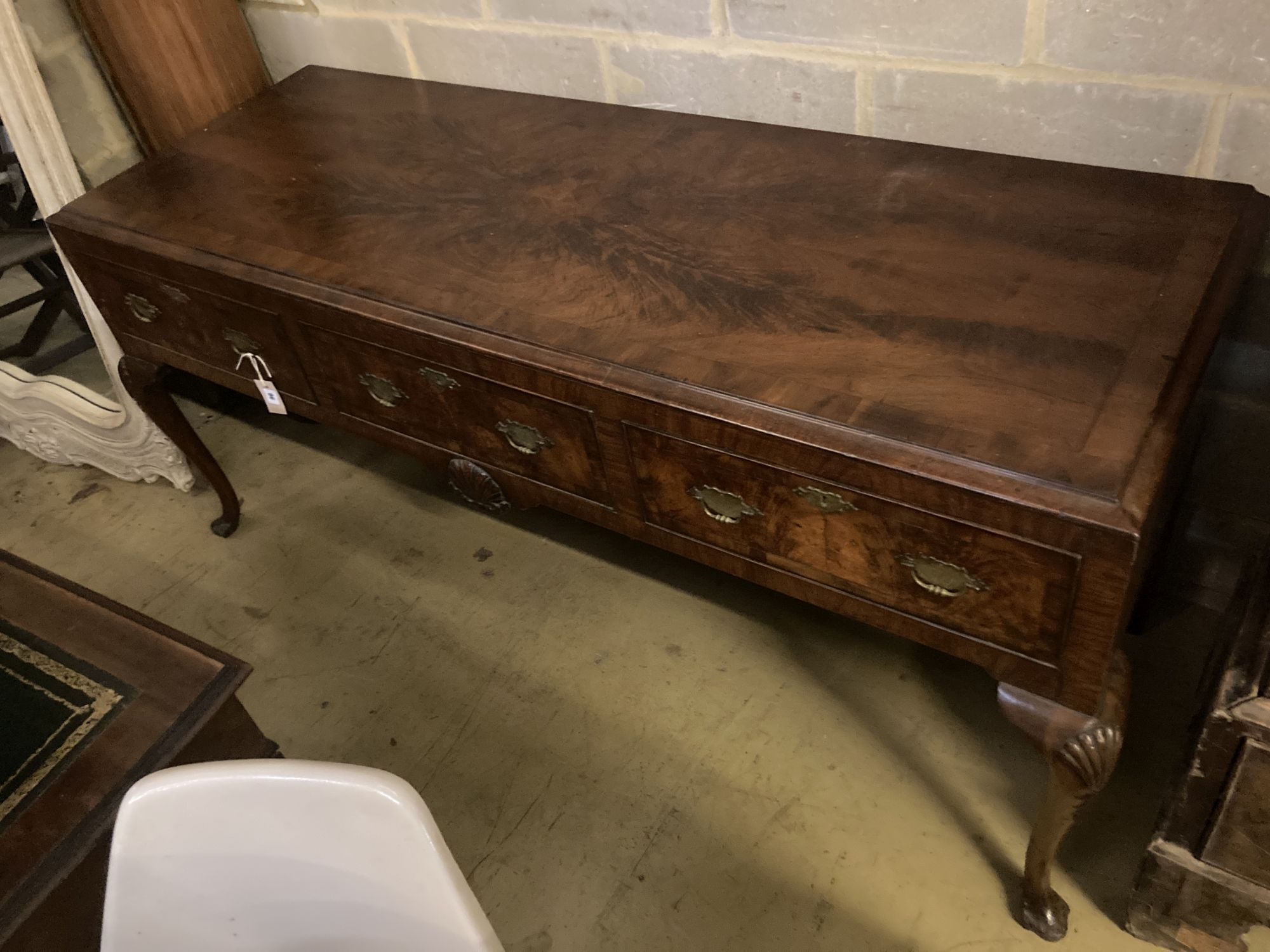 A George I style walnut low dresser, width 182cm depth 63cm height 80cm